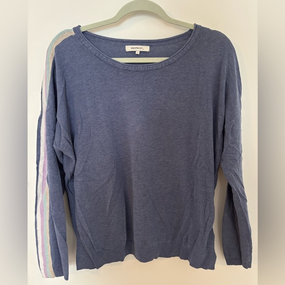 Sandwich Sweaters - Sandwich Blue Crewneck Sweater with Pastel Sleeve Stripes - Size Large